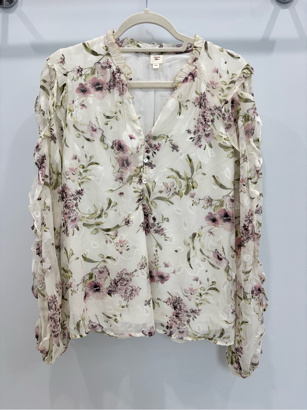 Women's Floral Ruffle V-Neck Blouse - Cream with Pink Floral